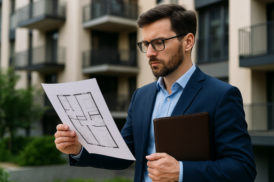 Professionnel de l'immobilier en 2025 analysant un projet en tant que marchand de biens